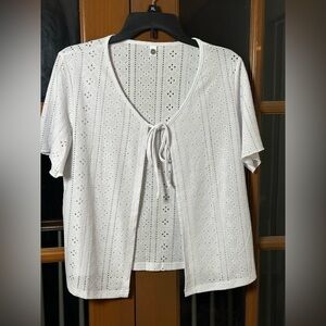 LIKE NEW Elegant White Eyelet Blouse with Tie-Front